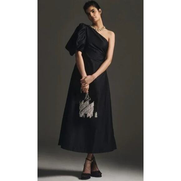 Anthropologie Aureta One-Shoulder Puff-Sleeve Black Formal Gown Dress Small. New - Picture 1 of 5
